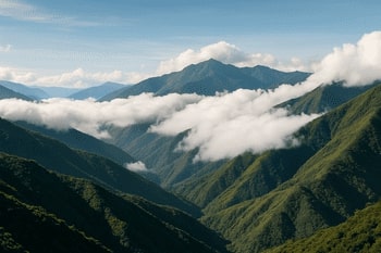 Clouds rolling over high mountains