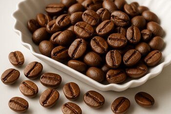 Close-up of roasted beans in a cupping tray