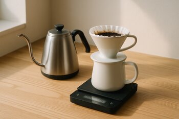 Simple home brew setup: kettle, scale and dripper