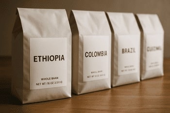 Row of minimalist coffee bags with origin labels
