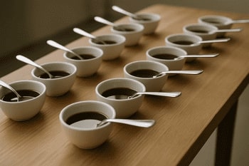 Cupping bowls aligned on a long table