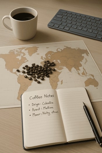 Desk with map, beans and a notebook