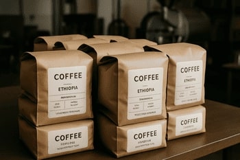 Freshly sealed coffee bags on a table