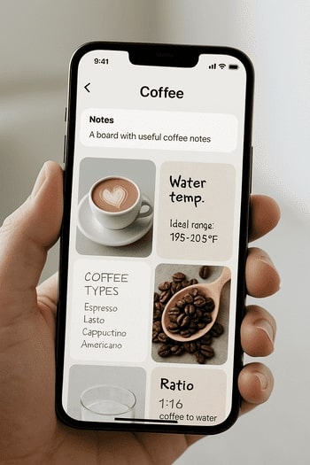 Mobile view of a saved board with notes