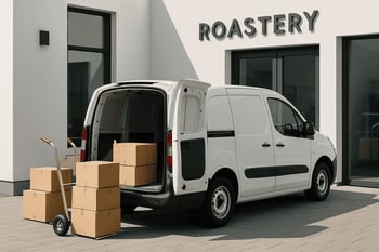Delivery van loading at a small roastery
