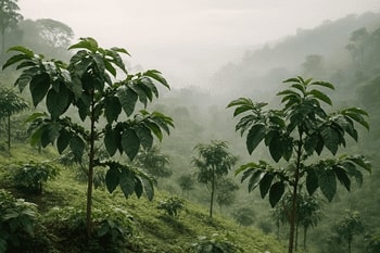 Highland coffee trees in morning haze, Ethiopia