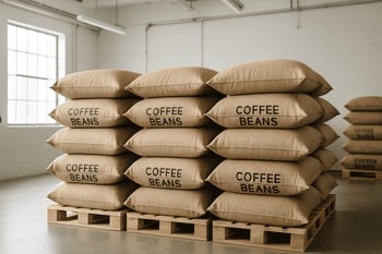 Bulk coffee bags stacked on pallets