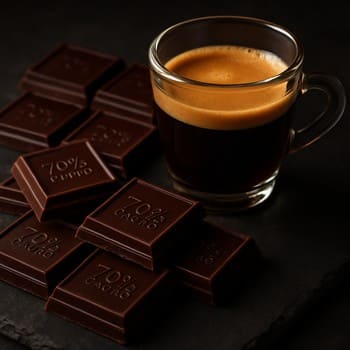 Dark chocolate squares next to an espresso