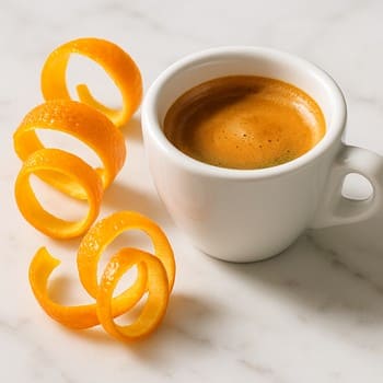Orange zest curled beside a demitasse