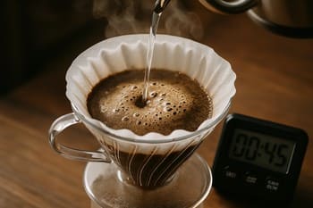 Pour-over in mid-bloom on a timer