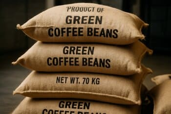 Stack of labeled coffee bags ready for shipping