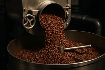 Roasting drum releasing a batch of beans