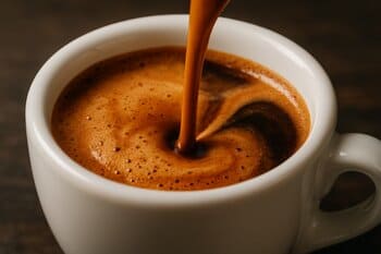 Espresso shot with thick crema pouring into a demitasse