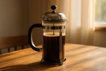 French press on wooden table with gentle morning light