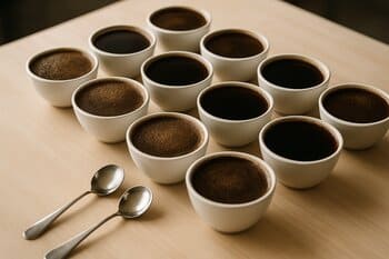 Cupping table with sample bowls and spoons