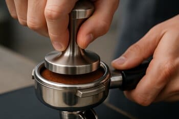 Hands tamping an espresso puck