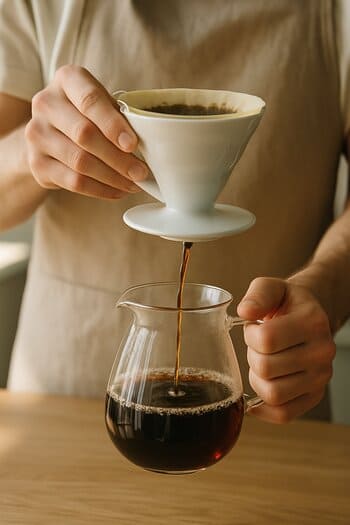 Barista hand holding a V60 dripper over a glass server