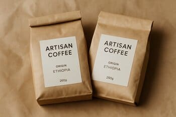 Two 250g artisan coffee bags on kraft paper