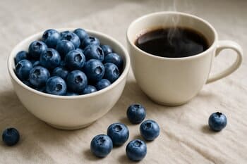 Blueberries and a cup of filter coffee on linen