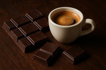 Dark chocolate squares beside an espresso cup