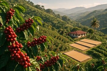 Colombian farm hillside with drying patios