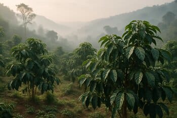 Ethiopia highland coffee trees under morning haze