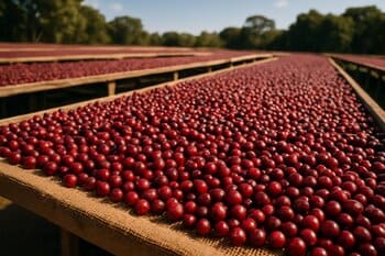 Natural process coffee drying on raised beds