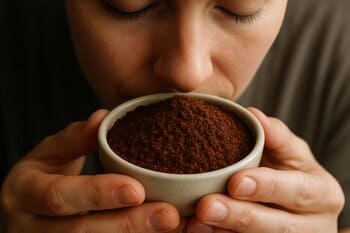 Person smelling freshly ground coffee