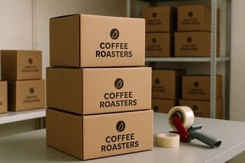 Stack of shipping boxes at a roastery