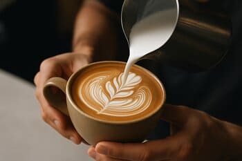 Barista pouring latte art in a small ceramic cup