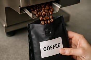 Freshly roasted beans being bagged with labels