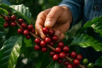 Pickers harvesting ripe red coffee cherries