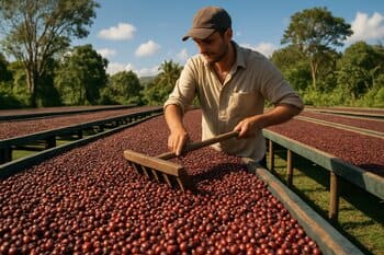 Coffee cherries drying on raised beds