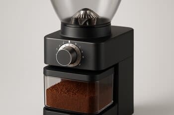 Close-up of burr grinder and grounds bin