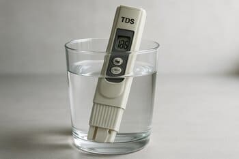 TDS meter in a glass of water showing reading